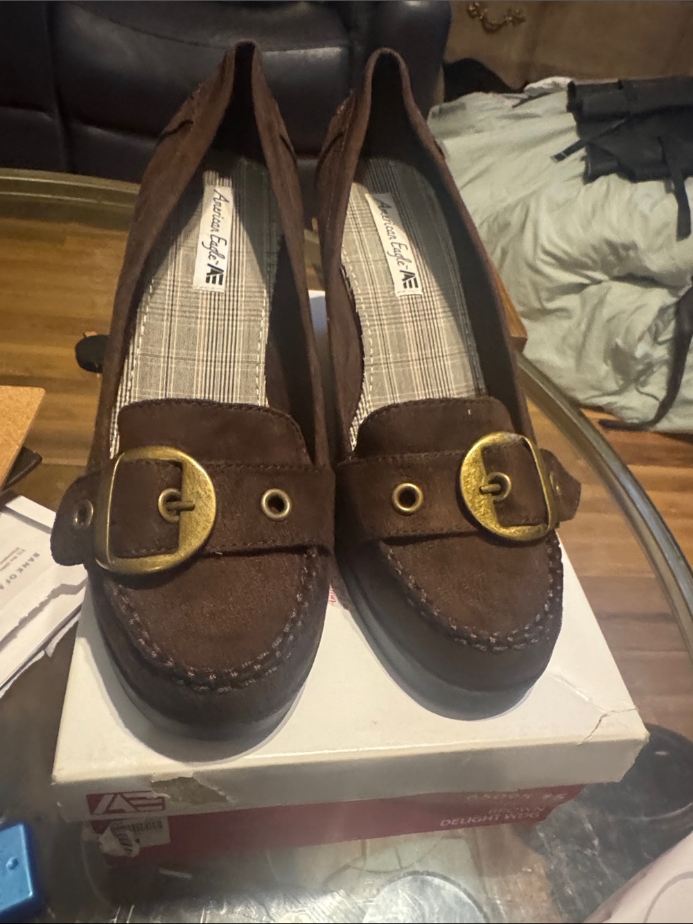 American Eagle Outfitters Brown Suede Wedge Loafers with Gold Buckle
